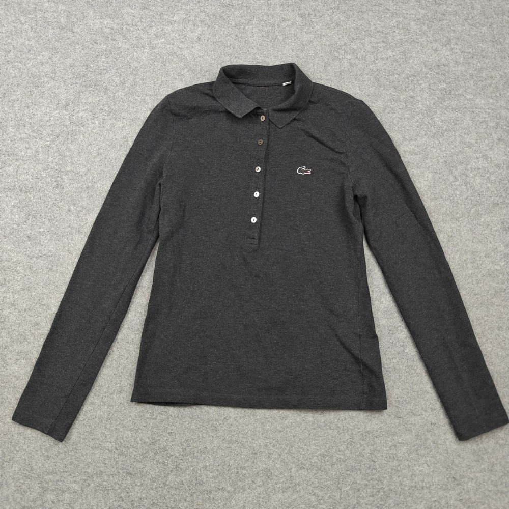 Lacoste Polo Shirt Womens XS Gray Long Sleeve Stretch Knit Crocodile Logo Top
